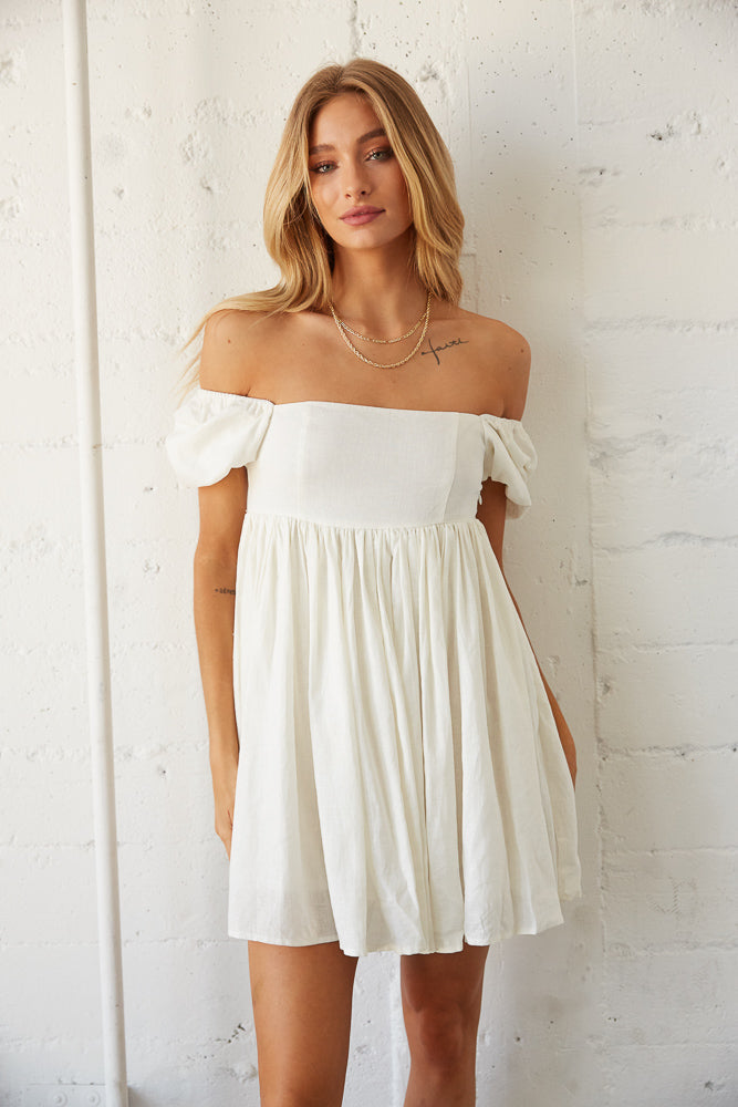 White linen off top the shoulder dress