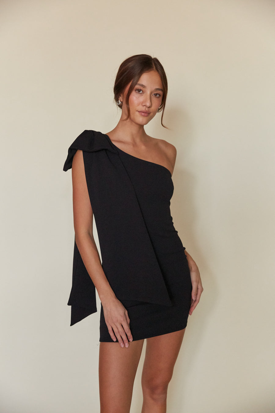 Mischa One Shoulder Bow Bodycon Mini Dress Shop American Threads Women s Trendy Online Boutique