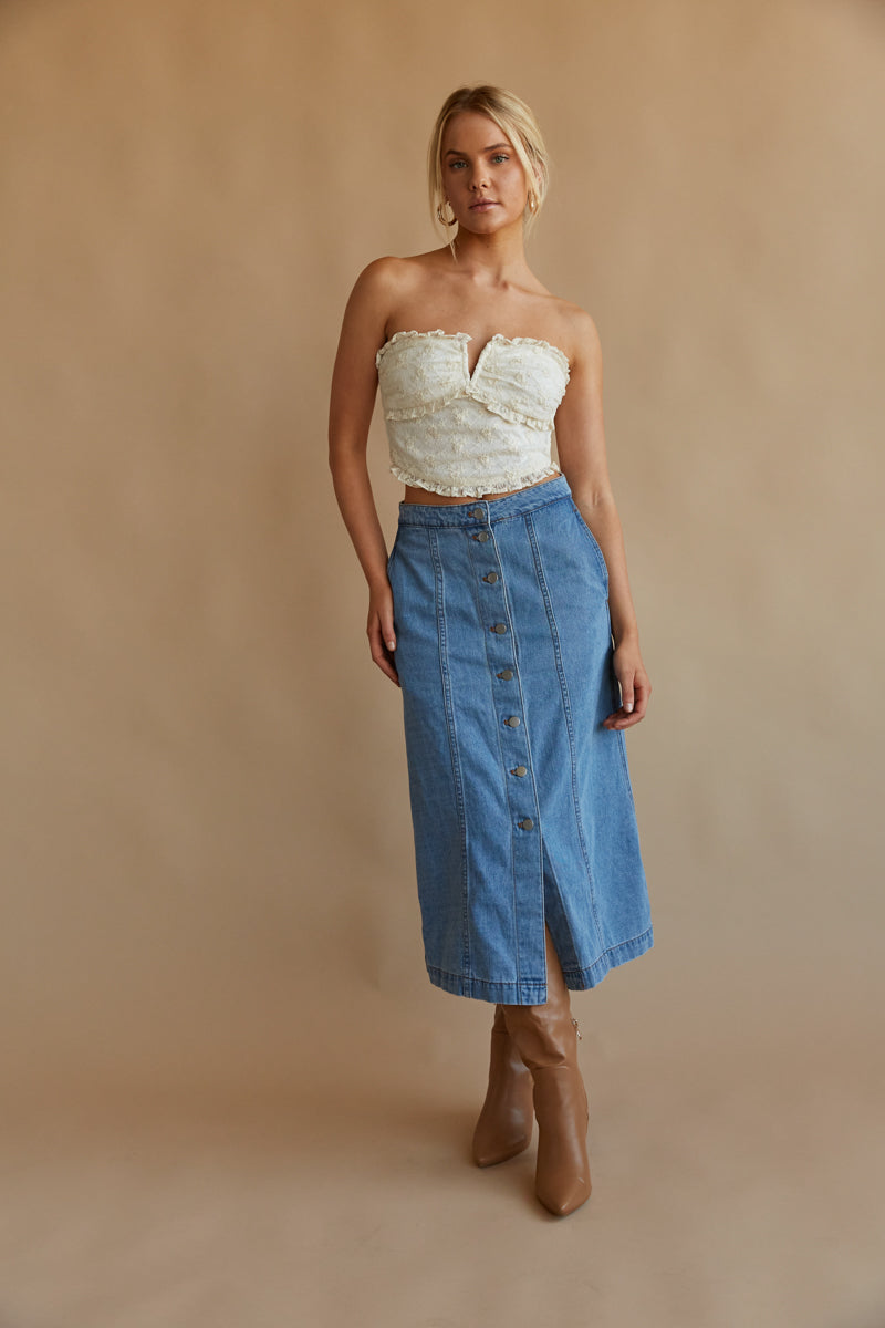 Darby Button Up Denim Midi Skirt • Shop American Threads Women's Trendy  Online Boutique – americanthreads