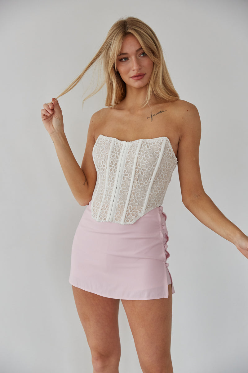 Stone Floral Print Woven Structured Lace Up Corset Crop Top, White
