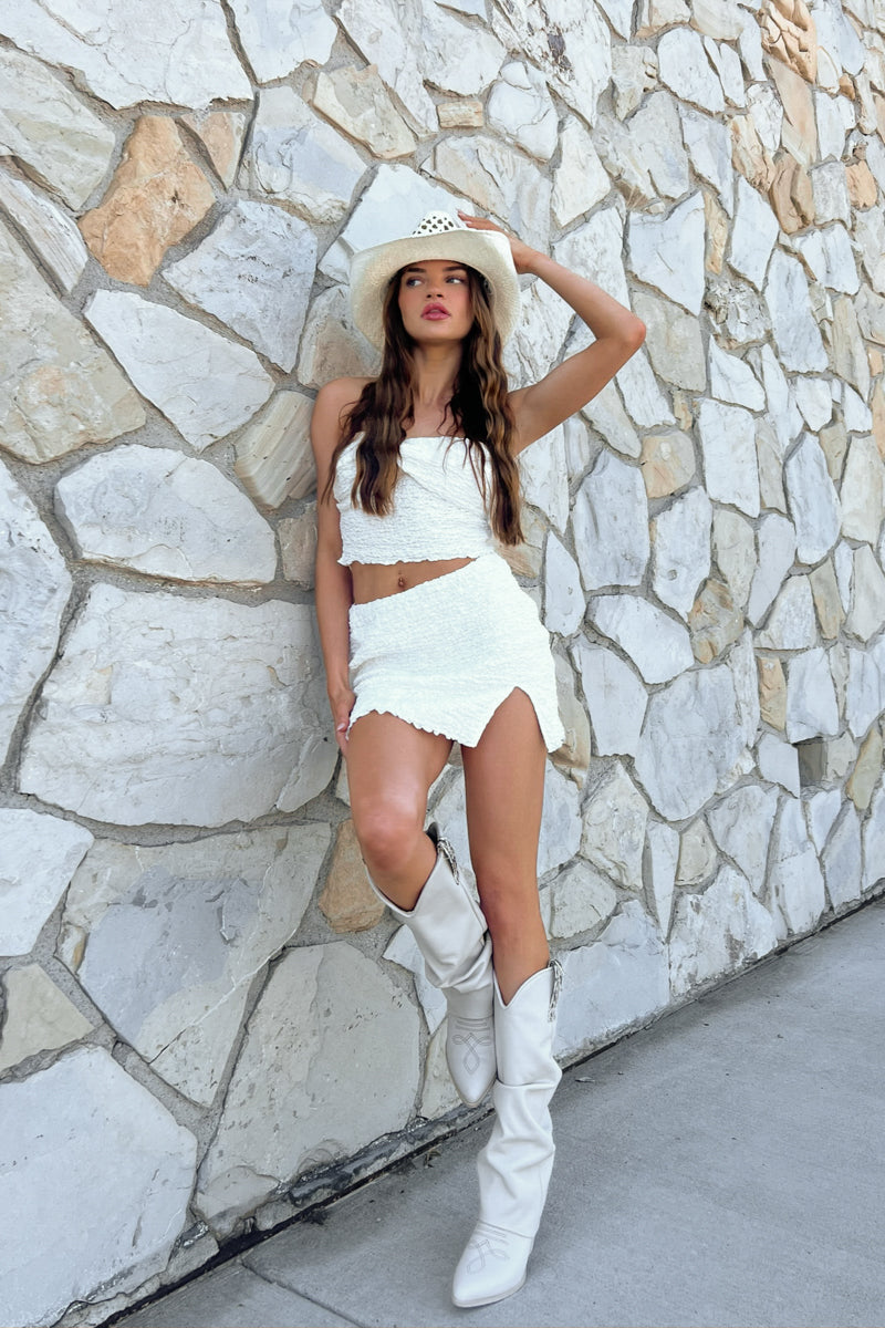 White mini skirt clearance tops