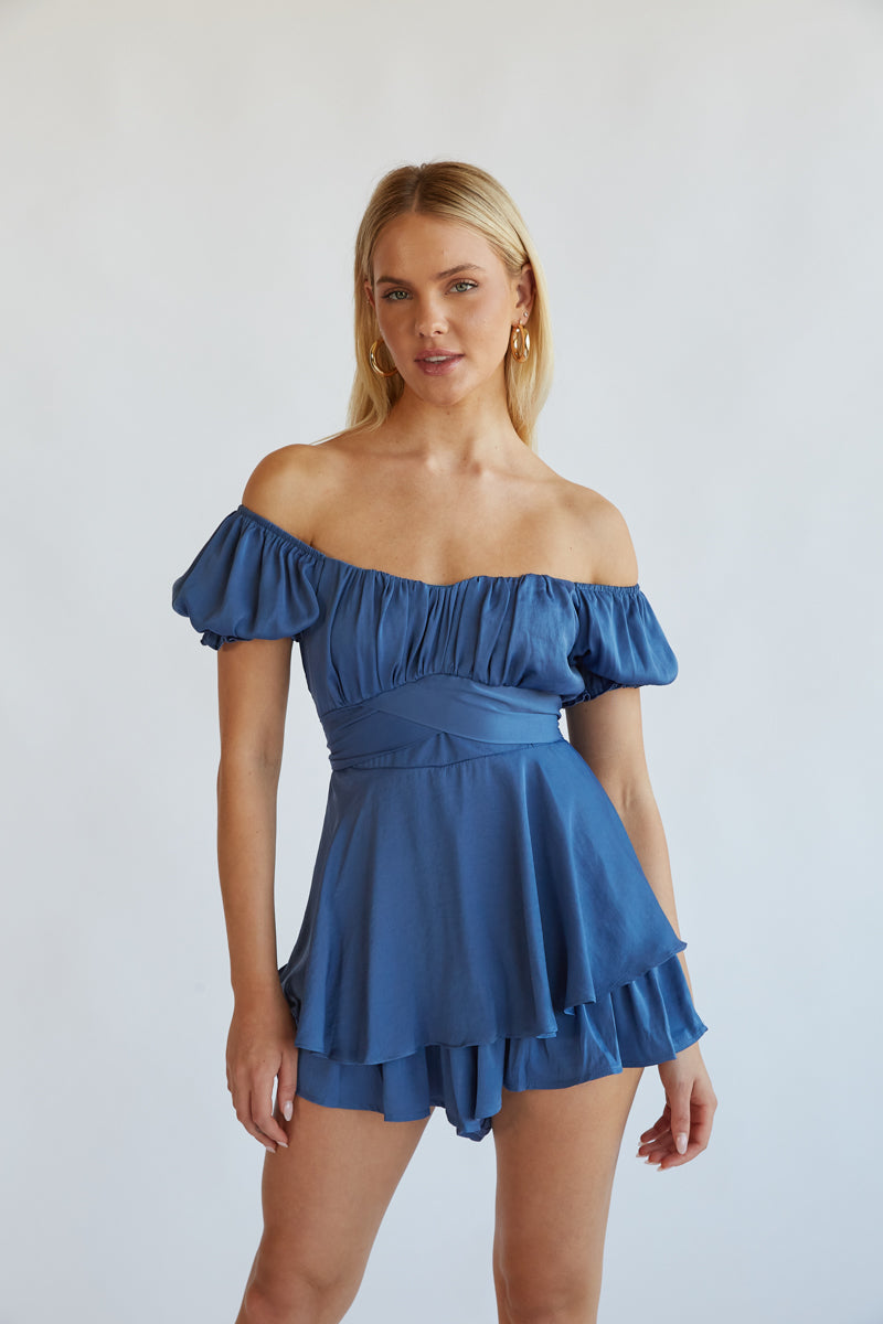 Eleanor Ruffle Wrap Romper in Blue, White, Ivory, Black, Rust