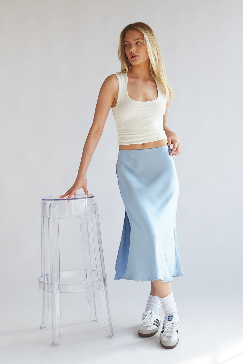 Eliza Satin Midi Skirt • American Threads Women's Online Boutique