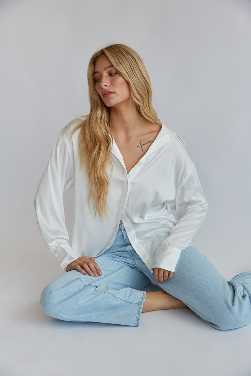 White satin best sale button up