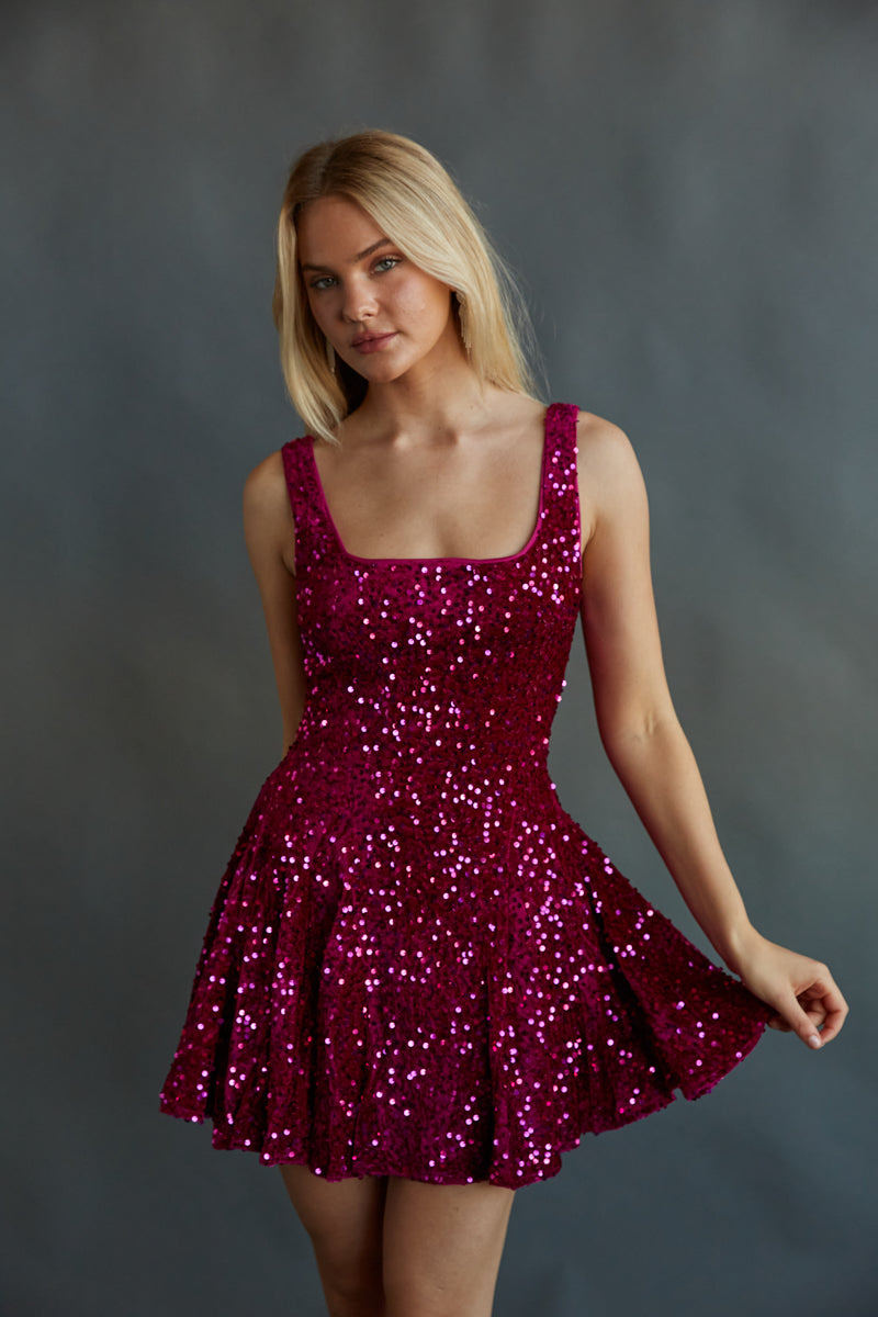 Lacy Sequin Flare Mini Dress in Magenta | Size Medium | 100% Polyester | American Threads