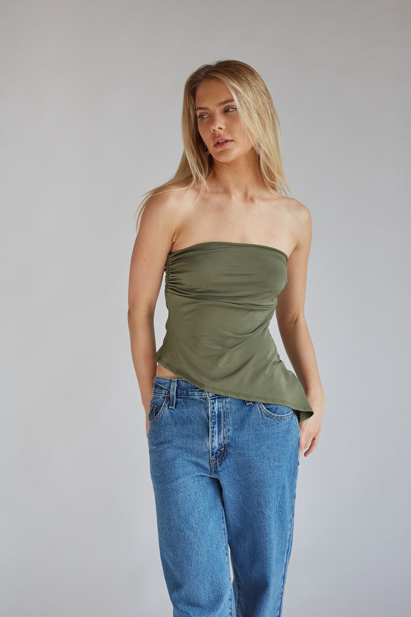 Reese Strapless Asymmetrical Hem Tube Top • American Threads Women's Trendy  Online Boutique – americanthreads
