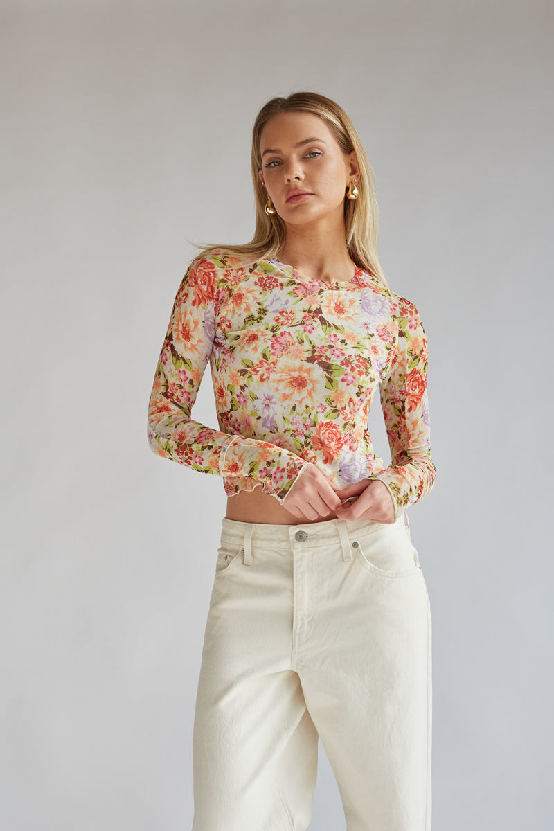 White floral store mesh top