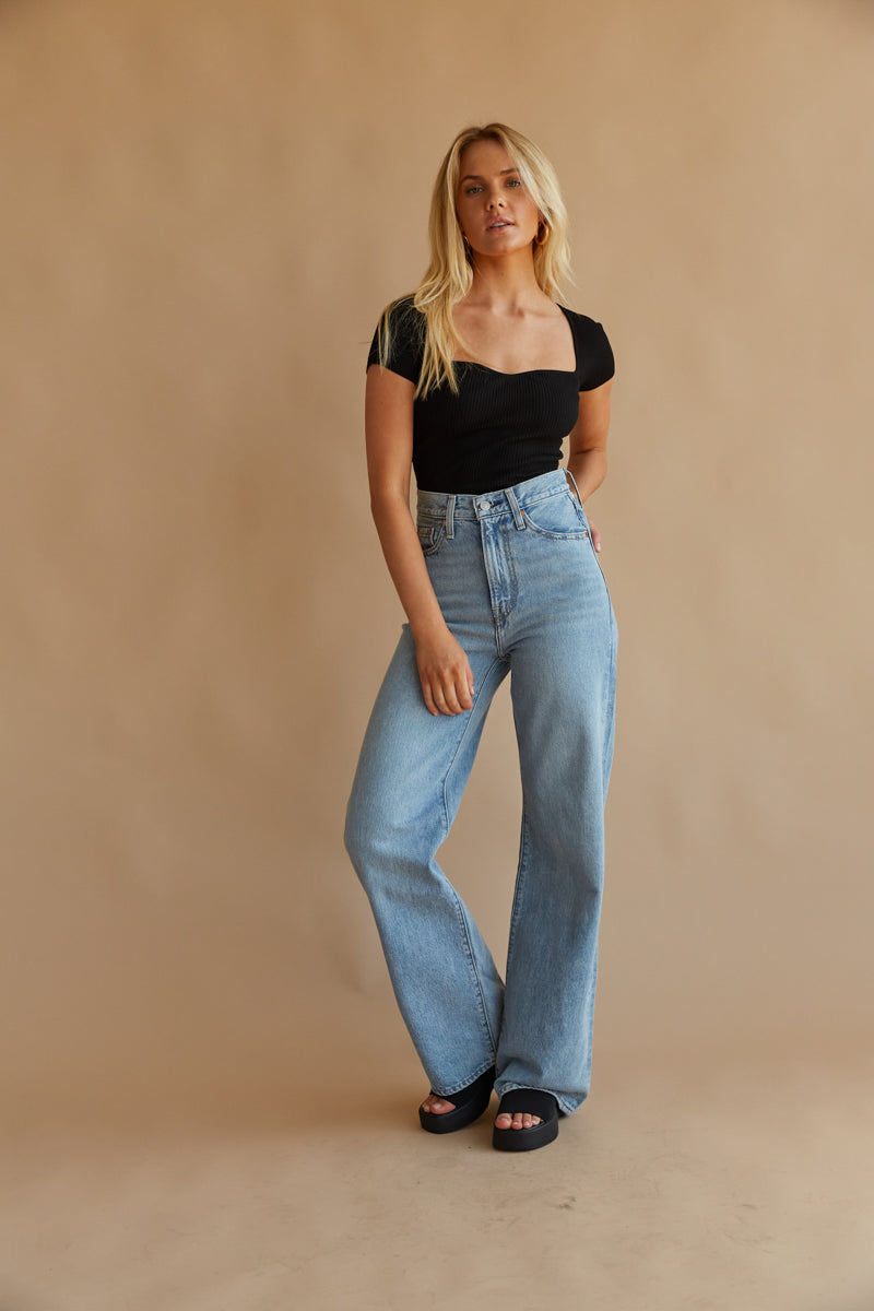 High Waisted Recycled White Thread Jeans, Blue Denim