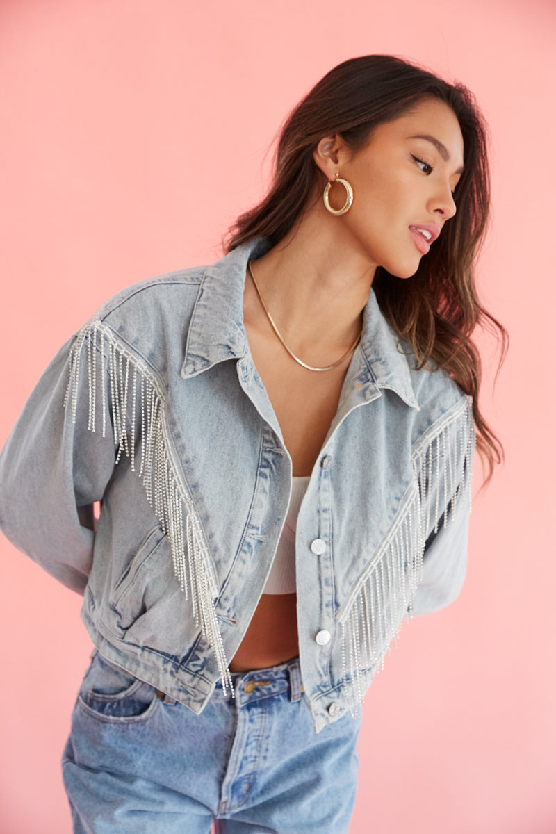 Carley Rhinestone Fringe Denim Jacket