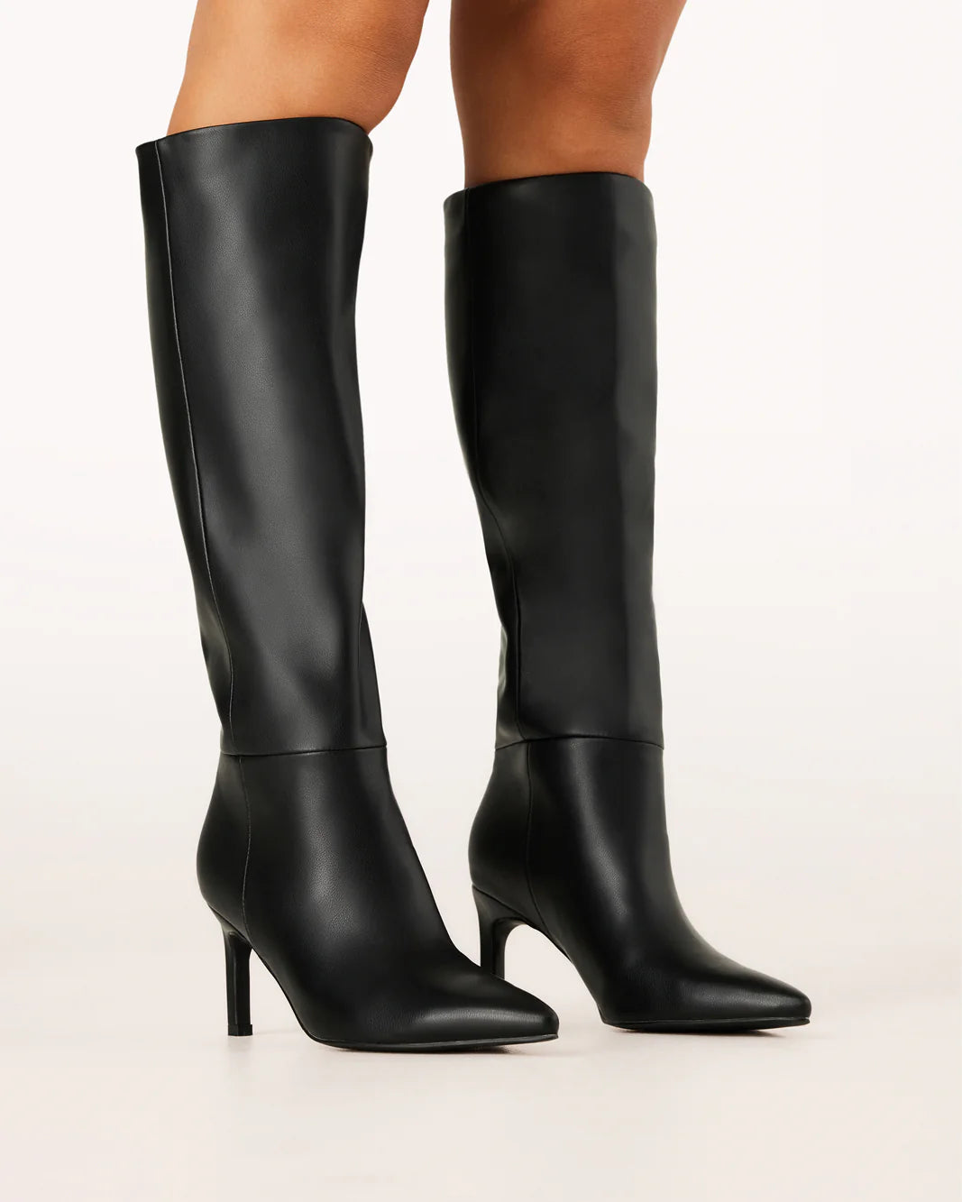 try on view | black pointed toe knee high stiletto boot