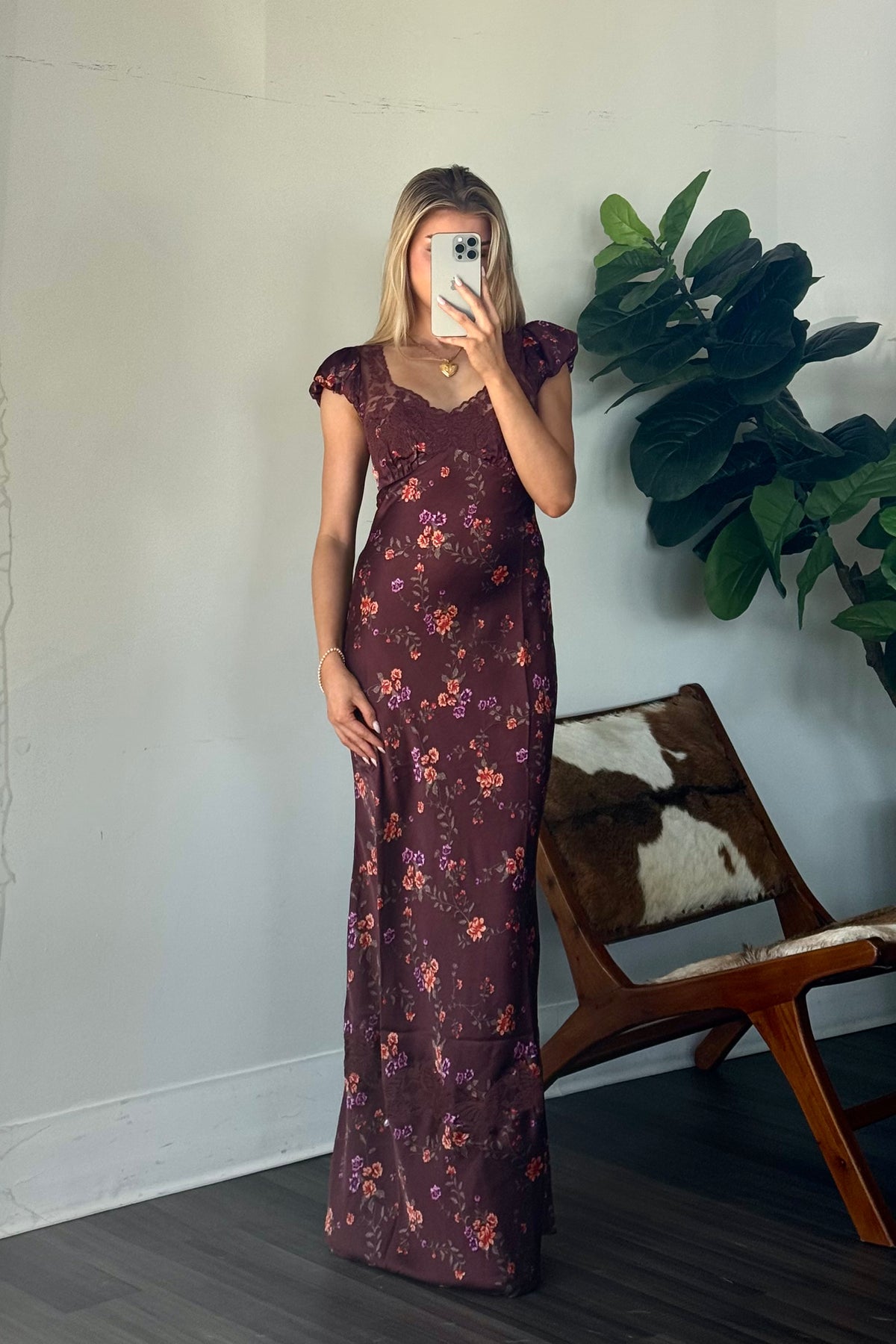 front image | brown floral satin lace trim maxi dress | fall wedding guest dress