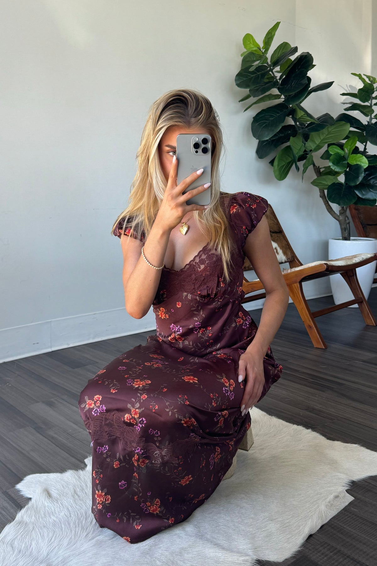 sitting image | brown floral satin lace trim maxi dress | fall wedding guest dress