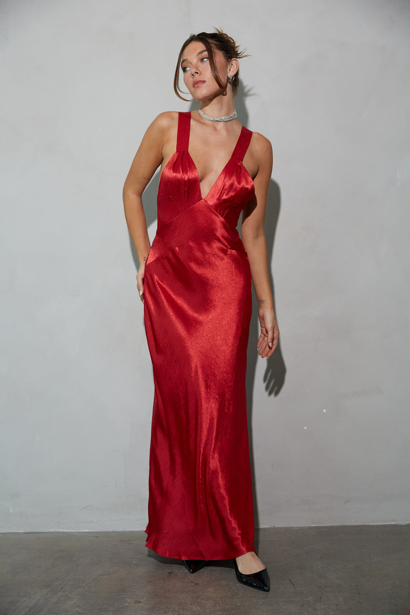 red-image | front-view | red satin open back v neck maxi dress | red dress | maxi dress | winter dress boutique