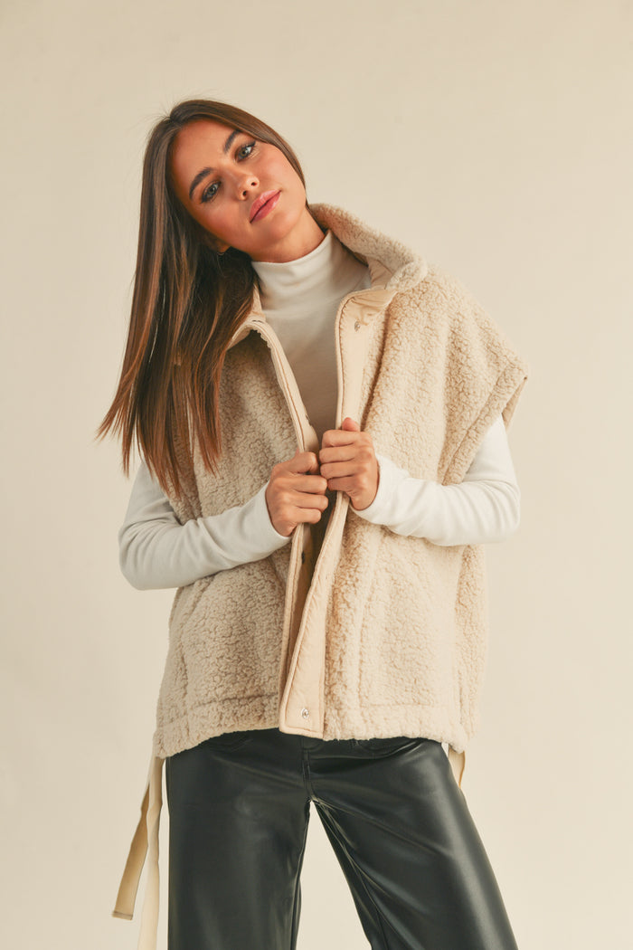 open view | beige tan sherpa plush vest for winter 2024 | cozy must-haves