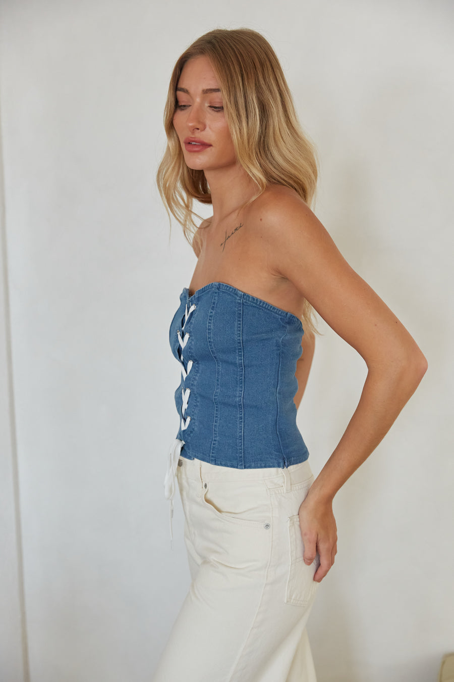 side view | denim strapless lace up corset top