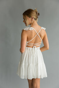 Back view | White Flutter sleeve open back mini dress| rush dress