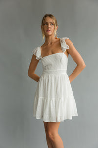 Front view | White Flutter sleeve open back mini dress| rush dress