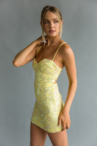 Side view | Yellow sequin spag strap bodycon mini dress | HOCO Dress