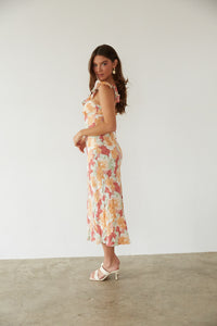 side view | sunset floral abstract linen ruffle strap open back midi dress