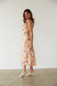 sunset floral abstract linen ruffle strap open back midi dress