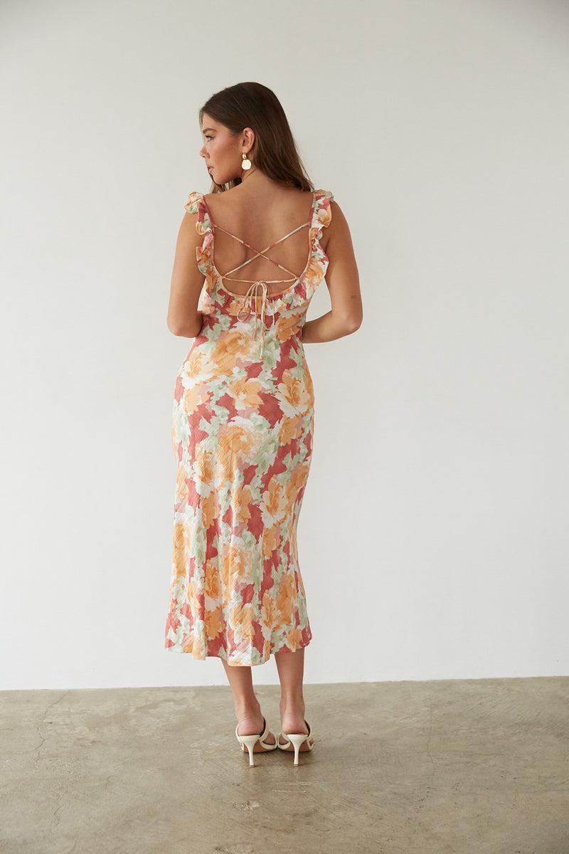 back view | sunset floral abstract linen ruffle strap open back midi dress