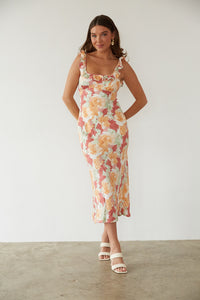 front view | sunset floral abstract linen ruffle strap open back midi dress