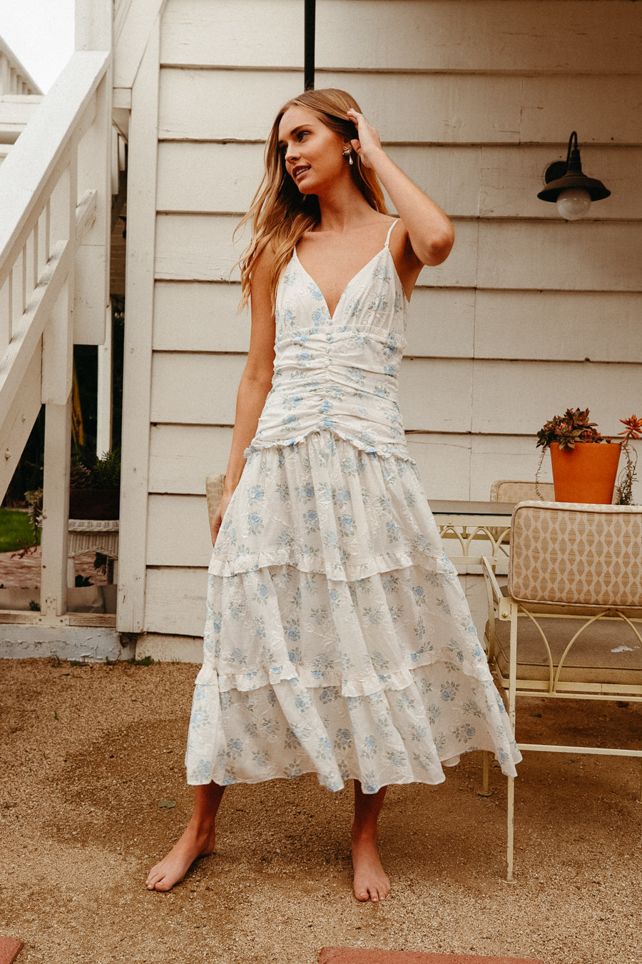 Arabella Floral Tiered Midi Sundress in Ivory Blue Size Medium 100 Polyester American Threads