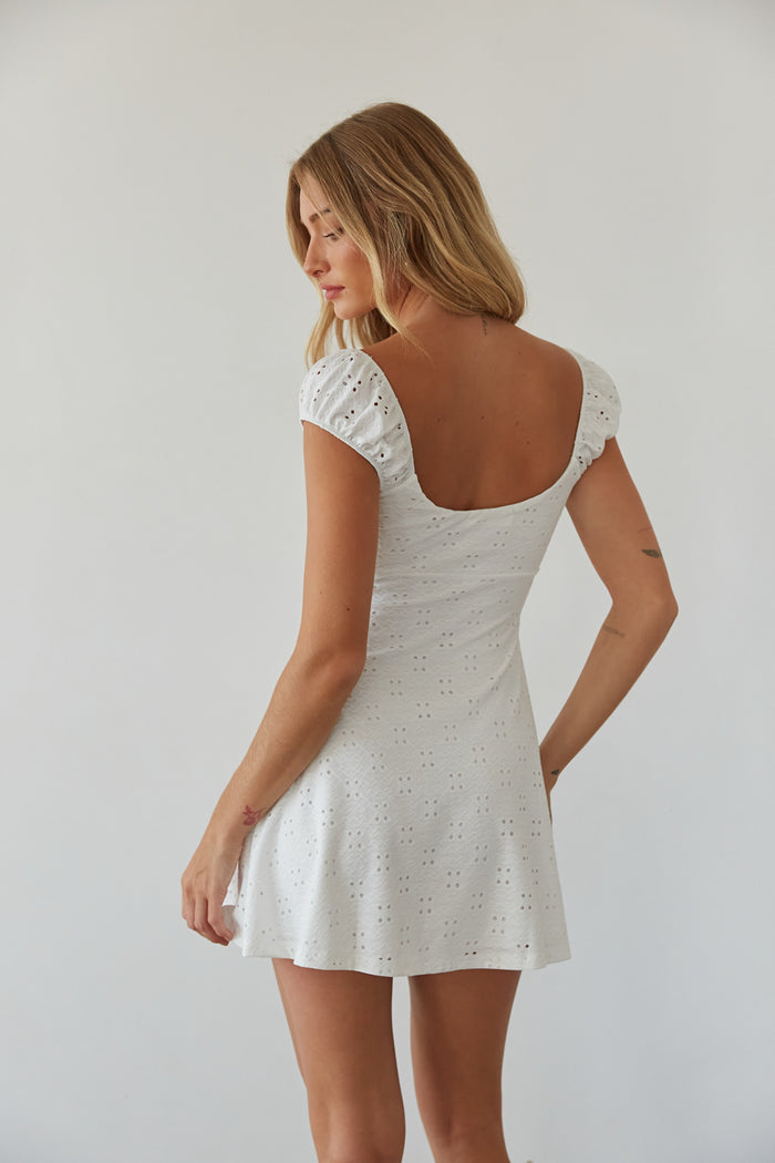 back view | white eyelet puff sleeve fit and flare mini dress | cottagecore white mini dress