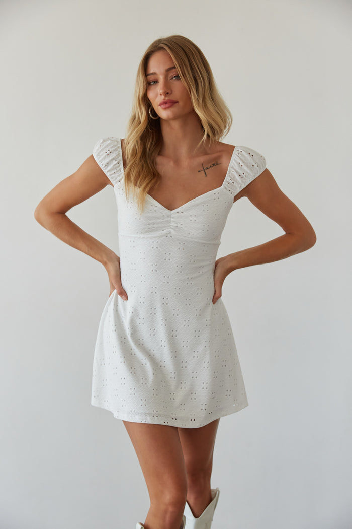 front view | white eyelet puff sleeve fit and flare mini dress | cottagecore white mini dress