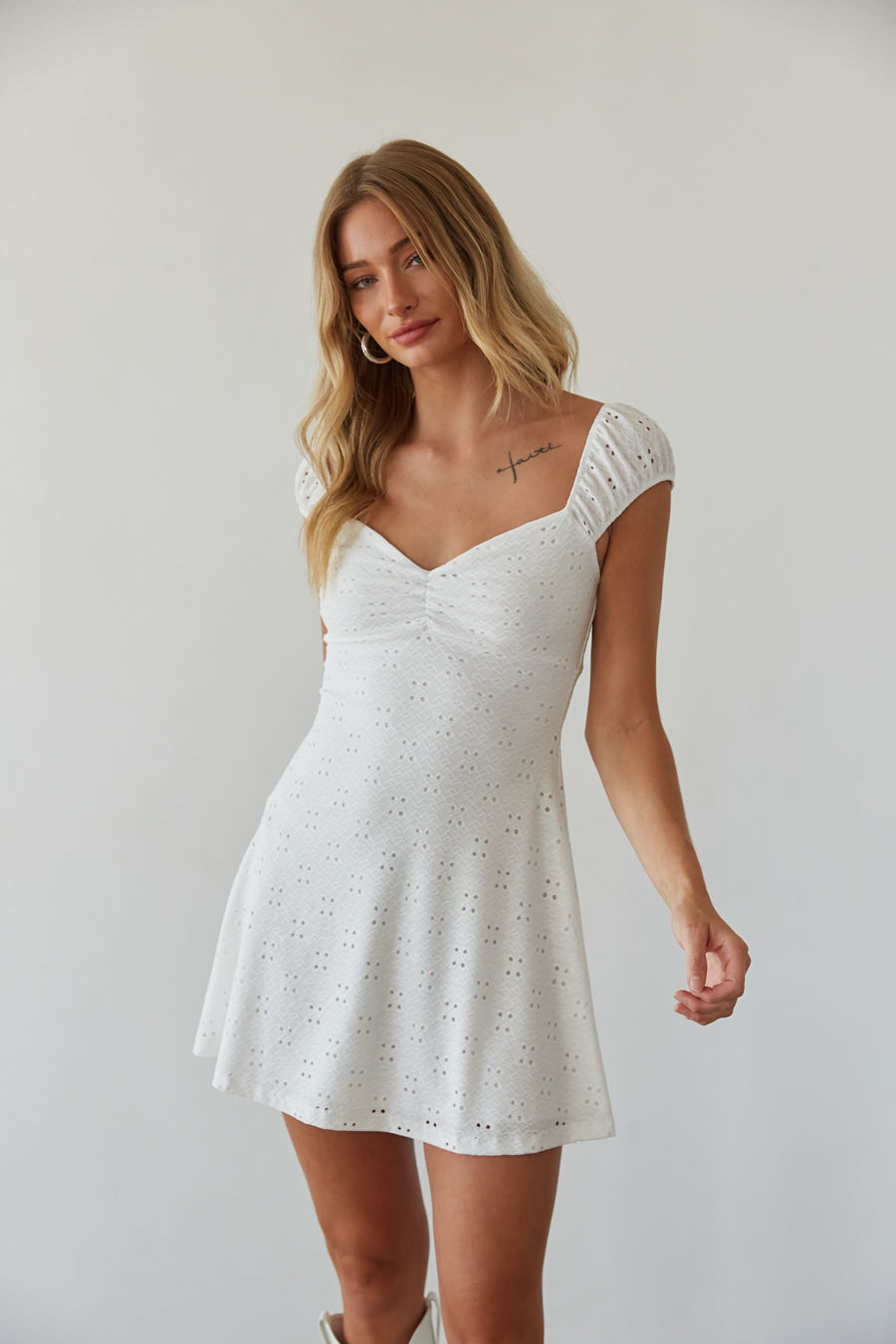 white eyelet puff sleeve fit and flare mini dress | coquette grad mini dress