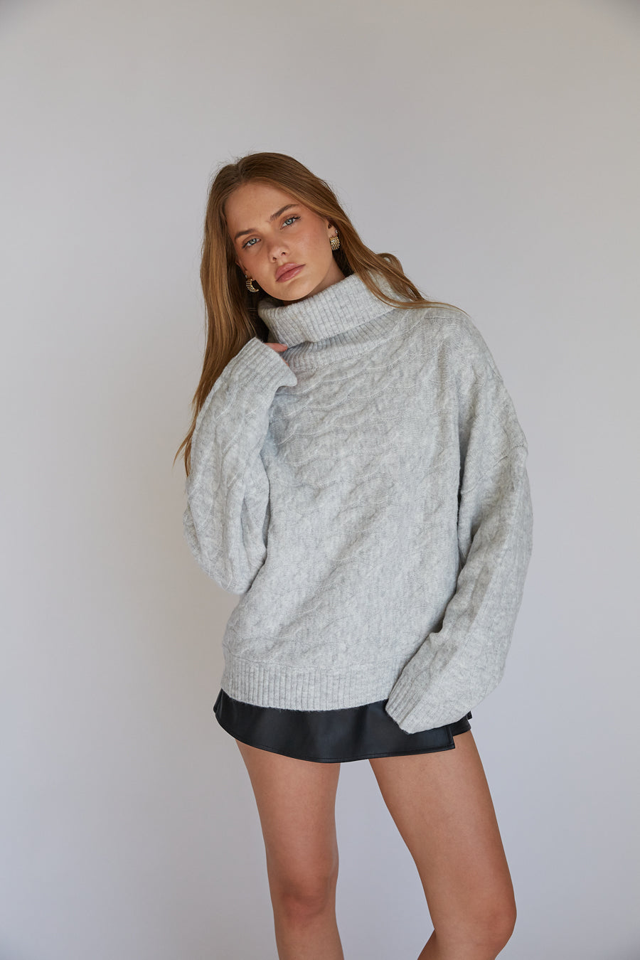 $379 Inhabit grey cable knit chunky turtleneck sweater deals P