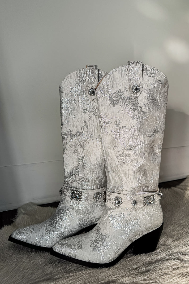 Azalea Wang Bavani Silver Jacquard Western Boots • American