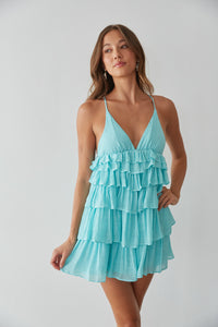 teal ruffle mini dress - open back tiered ruffle dress -vacation dress inspo