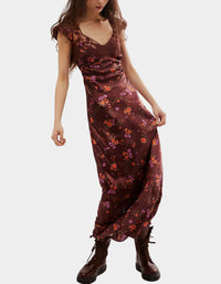 brown floral satin lace trim maxi dress