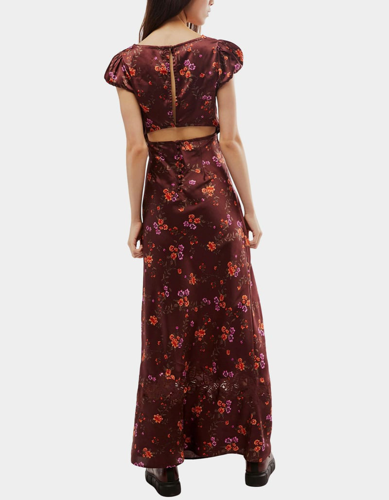 back image | brown floral satin lace trim maxi dress | fall wedding guest dress