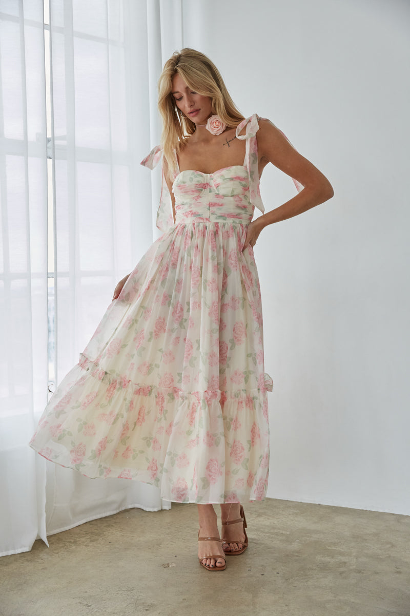 Pink floral chiffon maxi dress hotsell