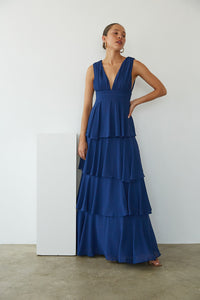 front view | navy blue chiffon ruffle tiered maxi dress | formal dress