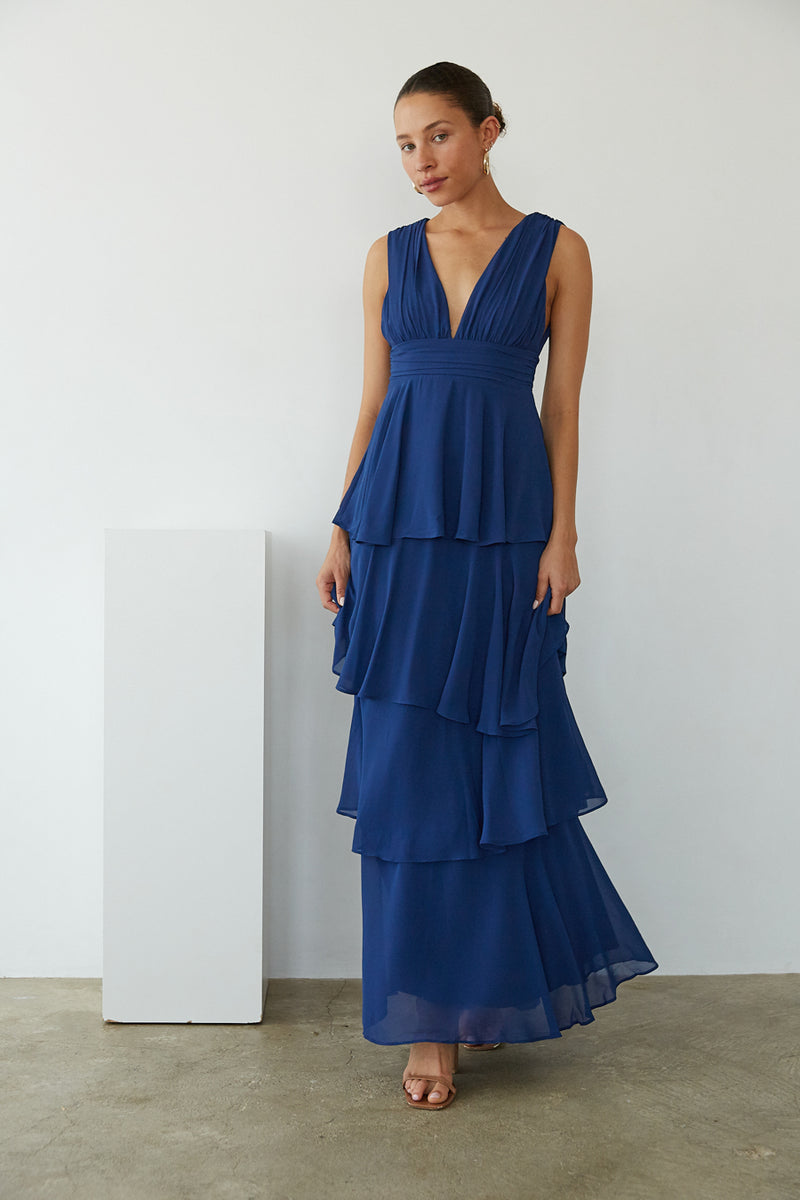 flowy navy blue chiffon ruffle tiered maxi dress | formal dress