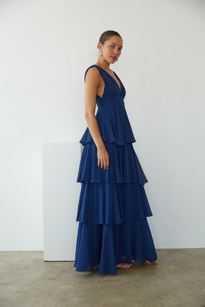 side view | navy blue chiffon ruffle tiered maxi dress | formal dress