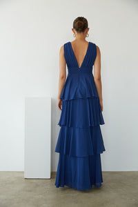 back view | navy blue chiffon ruffle tiered maxi dress | formal dress