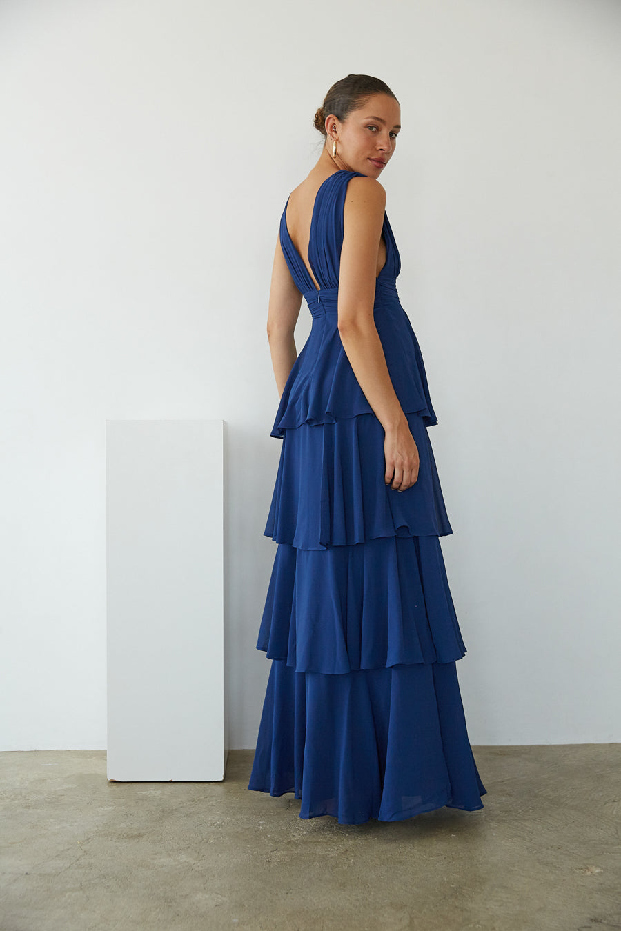 navy blue chiffon ruffle tiered maxi dress | formal dress