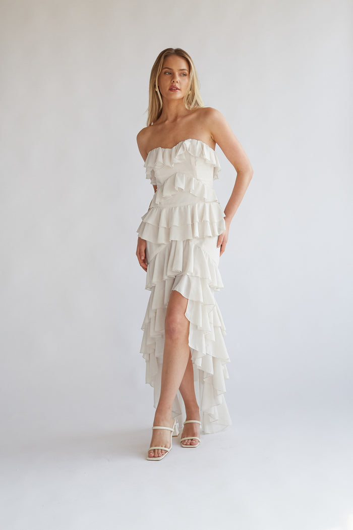 Clementine Strapless High Low Ruffle Maxi Dress