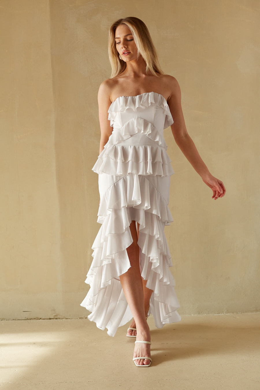 white high low ruffle maxi skirt with sweetheart neckline | romantic white formal dress boutique