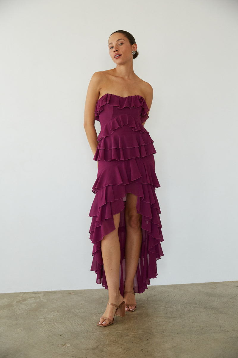 Clementine Strapless High Low Ruffle Maxi Dress