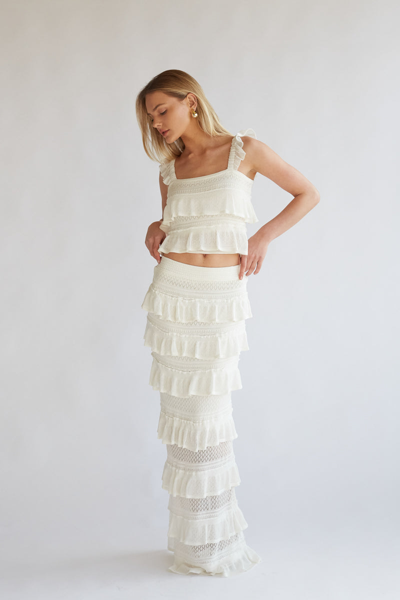 soft and stretchy crochet knit ruffle matching set with crop top and maxi skirt | unique white graduation outfit