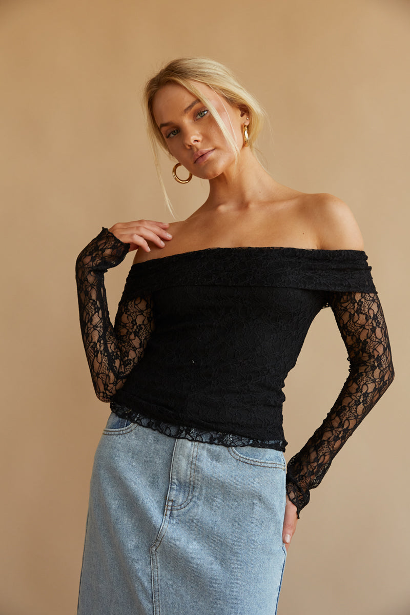 Black lace shop shoulder top