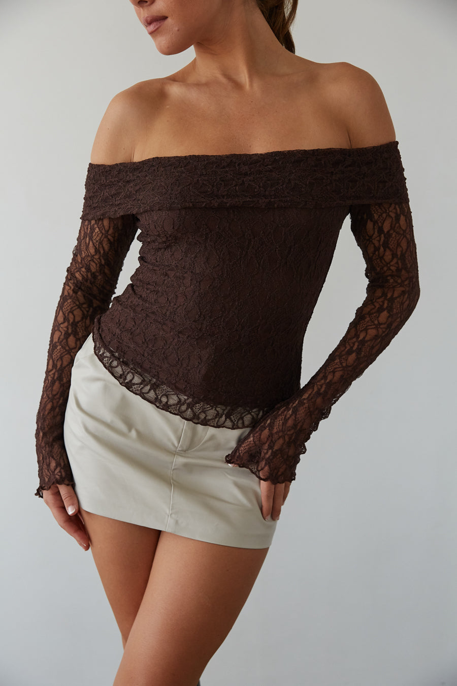 American Threads Collette Off The Shoulder Lace Long Sleeve Top