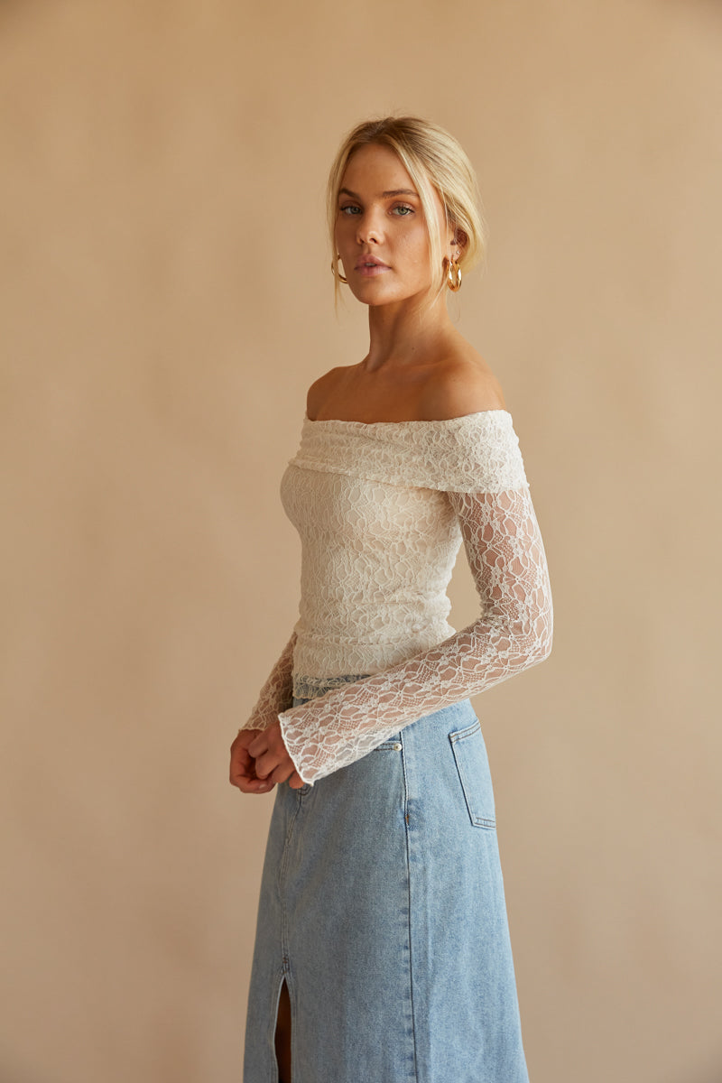 Long-sleeved Lace Top - White - Ladies