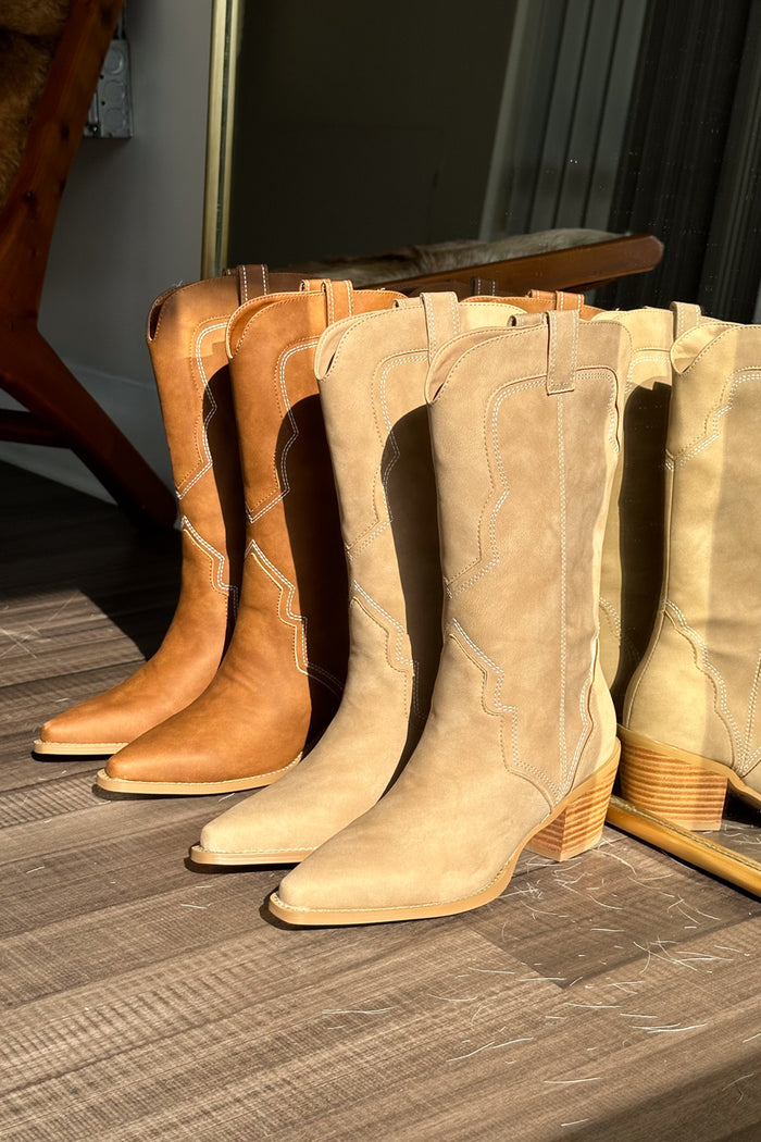 suede cowboy boots | chestnut brown and taupe western boots