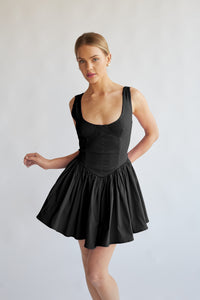 front view | black linen scoop neck bustier corset fit and flare mini dress | black-image